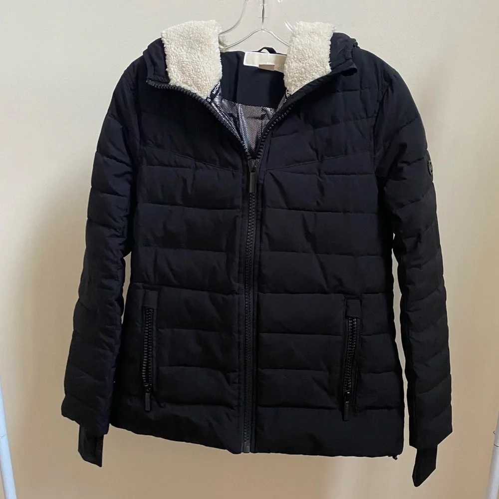 Michael Kors black quilted hooded winter puffer jacket black fleece Sz S